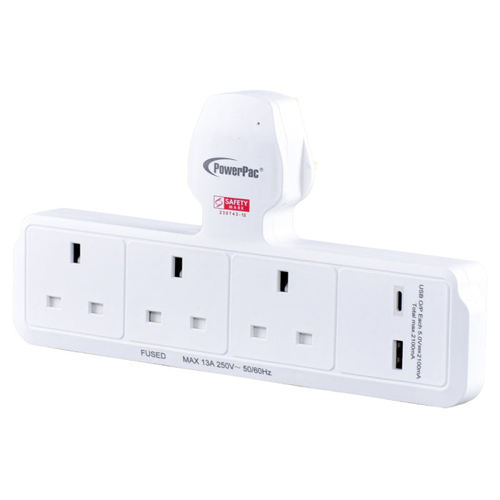 PowerPac Multi Plug Extension Adapter with 3 Way, USB-A, USB-C, Power Extension Socket Adaptor (PP299U)