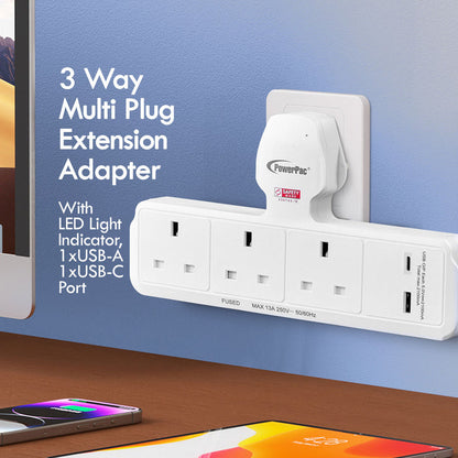 PowerPac Multi Plug Extension Adapter with 3 Way, USB-A, USB-C, Power Extension Socket Adaptor (PP299U)