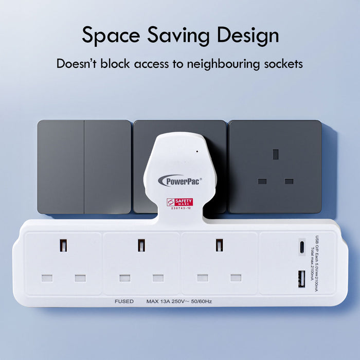 PowerPac Multi Plug Extension Adapter with 3 Way, USB-A, USB-C, Power Extension Socket Adaptor (PP299U)