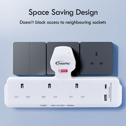 PowerPac Multi Plug Extension Adapter with 3 Way, USB-A, USB-C, Power Extension Socket Adaptor (PP299U)