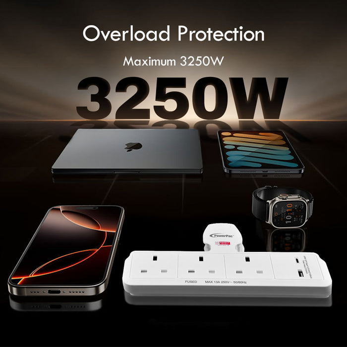 PowerPac Multi Plug Extension Adapter with 3 Way, USB-A, USB-C, Power Extension Socket Adaptor (PP299U)