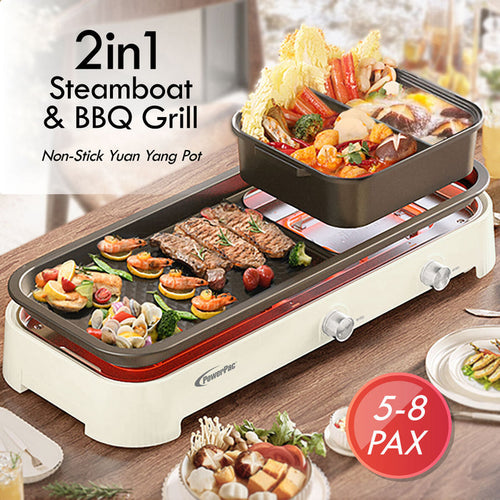 PowerPac Steamboat with BBQ Grill, 2 in 1 Multi Cooker with Non-stick YuanYang pot (PPMC797)