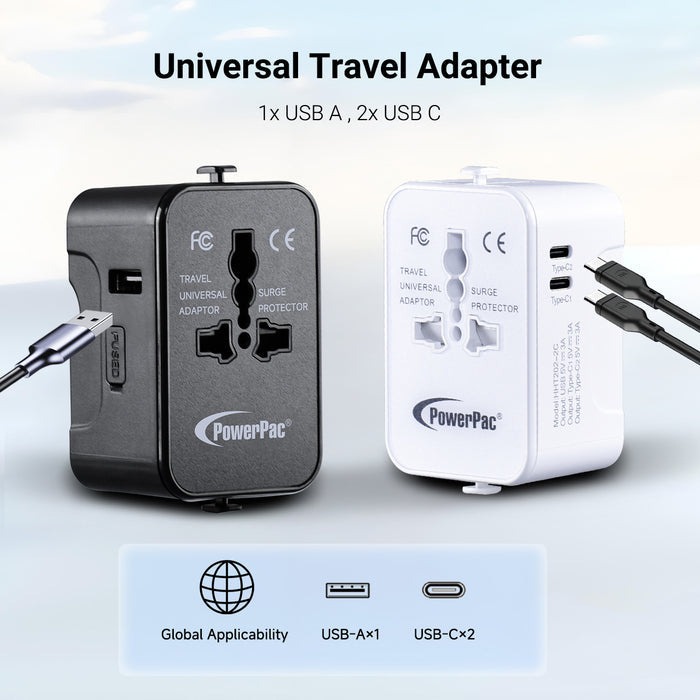 PowerPac Universal Travel Adapter + USB Smart Charger – Multi Sockets & Plugs, Neon LED, PP7970WH