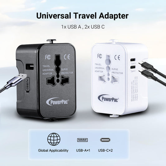 PowerPac Universal Travel Adapter + USB Smart Charger – Multi Sockets & Plugs, Neon LED, PP7970WH