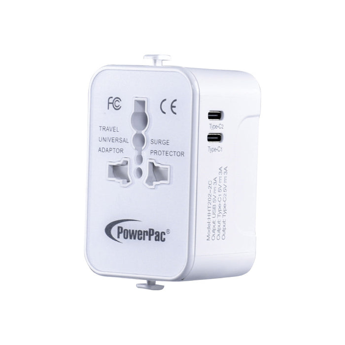 PowerPac Universal Travel Adapter + USB Smart Charger – Multi Sockets & Plugs, Neon LED, PP7970WH
