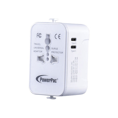 PowerPac Universal Travel Adapter + USB Smart Charger – Multi Sockets & Plugs, Neon LED, PP7970WH
