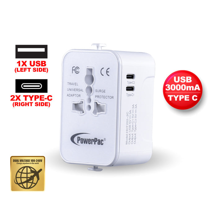 PowerPac Universal Travel Adapter + USB Smart Charger – Multi Sockets & Plugs, Neon LED, PP7970WH