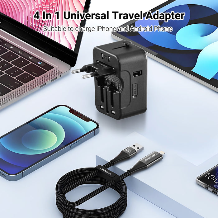 PowerPac Universal Travel Adapter + USB Smart Charger – Multi Sockets & Plugs, Neon LED, PP7970WH