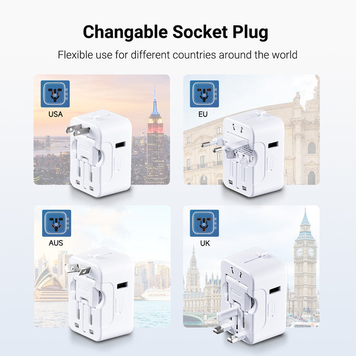 PowerPac Universal Travel Adapter + USB Smart Charger – Multi Sockets & Plugs, Neon LED, PP7970WH