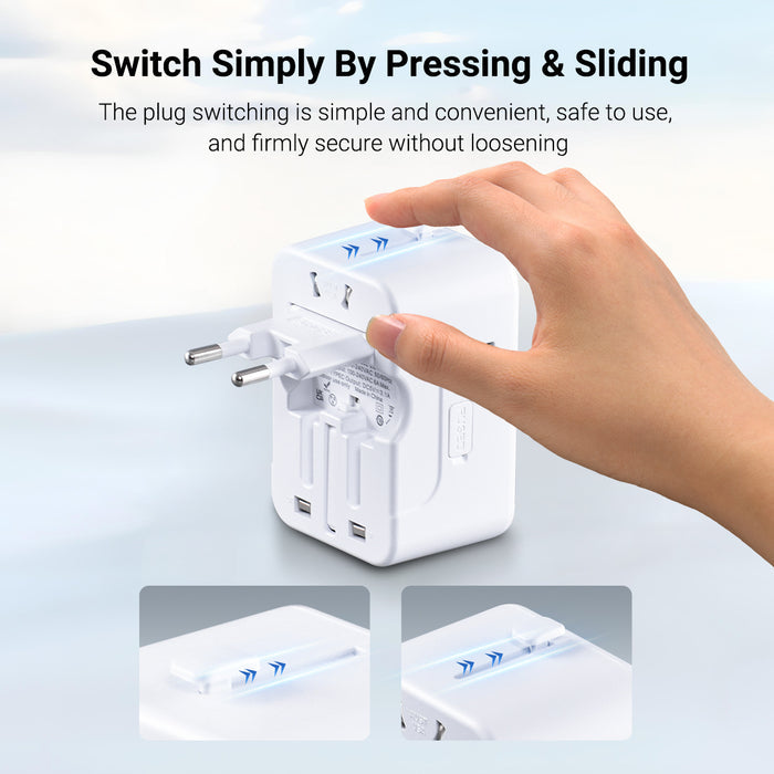 PowerPac Universal Travel Adapter + USB Smart Charger – Multi Sockets & Plugs, Neon LED, PP7970WH