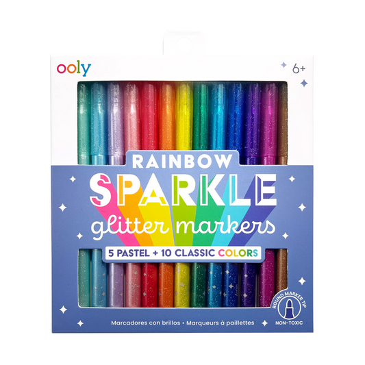 Packaging front of OOLY Rainbow Sparkle Glitter Markers