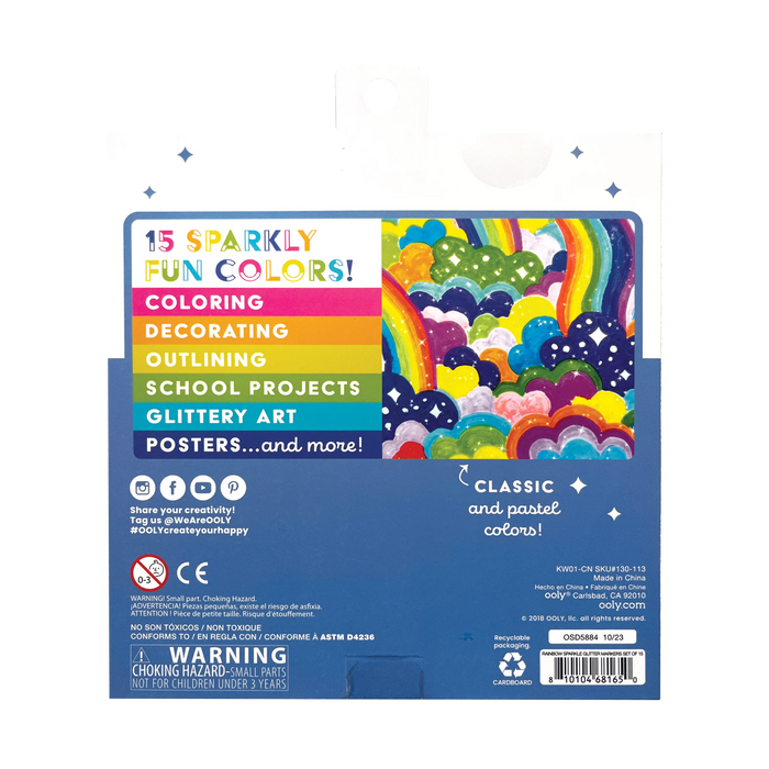 Back of packaging of OOLY Rainbow Sparkle Glitter Markers