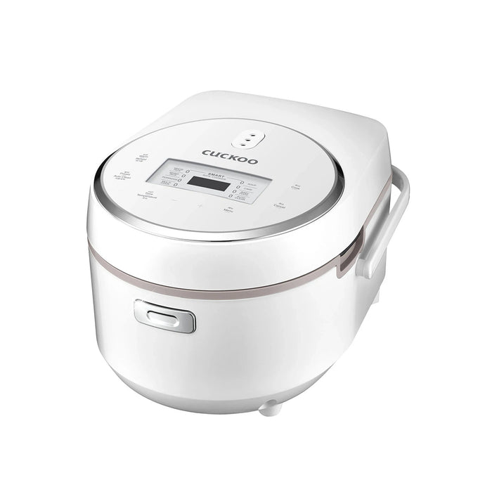 Angle view of a white, compact Cuckoo rice cooker featuring a top digital control panel and a front lid release button. (CR-0810F)