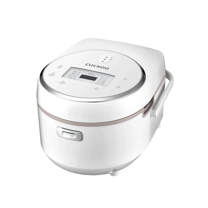 Angle view of a white, compact Cuckoo rice cooker featuring a top digital control panel and a front lid release button. (CR-0810F)