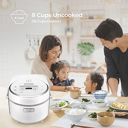 Infographic for a Cuckoo rice cooker: 8-cup uncooked capacity (yields 16 cups cooked), shown with a family enjoying a meal. (CR-0810F)