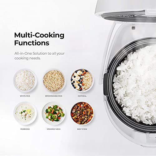 Cuckoo multi-cooker infographic displays six preset modes including white rice, brown, oatmeal, porridge, steamed veggies. (CR-0810F)