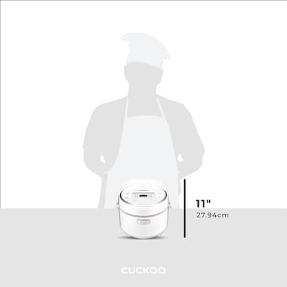 Cuckoo rice cooker infographic showing a height of 11 inches (27.94 cm) next to a chef silhouette for scale. (CR-0810F)