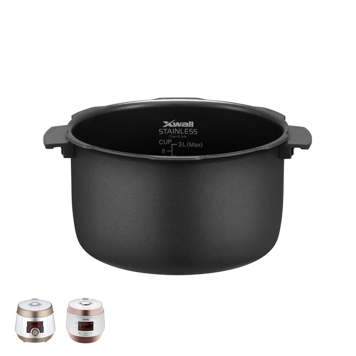 Cuckoo X-Wall stainless replacement inner pot with handles, shown with two compatible rice cooker models. (INNERPOT-CMC-ASB/QSB50)