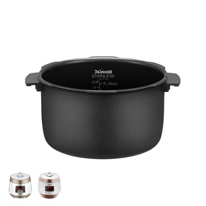 Cuckoo X-Wall stainless replacement inner pot with handles, shown with two compatible rice cooker models. (INNERPOT-CMC-ASB/QSB50)