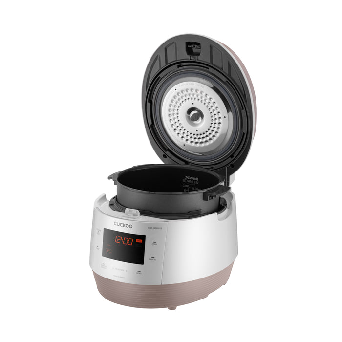 Cuckoo rice cooker with lid open, featuring an X-Wall stainless inner pot and digital display. (INNERPOT-CMC-ASB/QSB50)