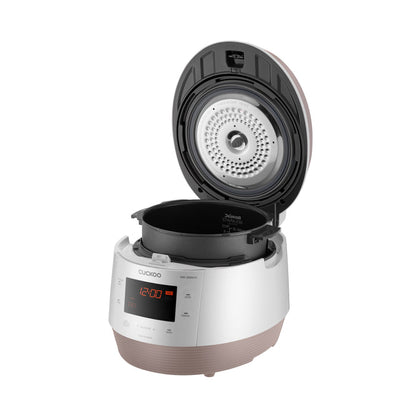 Cuckoo rice cooker with lid open, featuring an X-Wall stainless inner pot and digital display. (INNERPOT-CMC-ASB/QSB50)