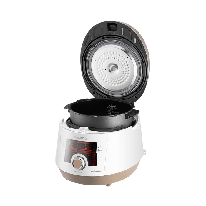 Cuckoo rice cooker with lid open, featuring an X-Wall stainless inner pot and digital display. (INNERPOT-CMC-ASB/QSB50)