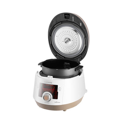 Cuckoo rice cooker with lid open, featuring an X-Wall stainless inner pot and digital display. (INNERPOT-CMC-ASB/QSB50)