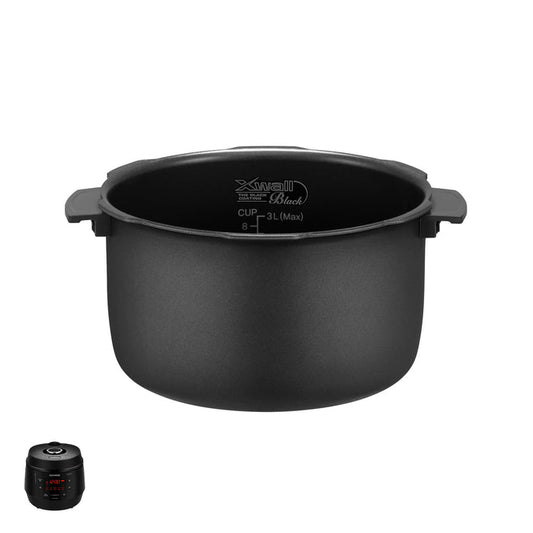 Replacement X-Wall Black coated inner cooking pot for Cuckoo rice cookers, shown with side handles and capacity markings. (INNERPOT-CMC-QAB50)