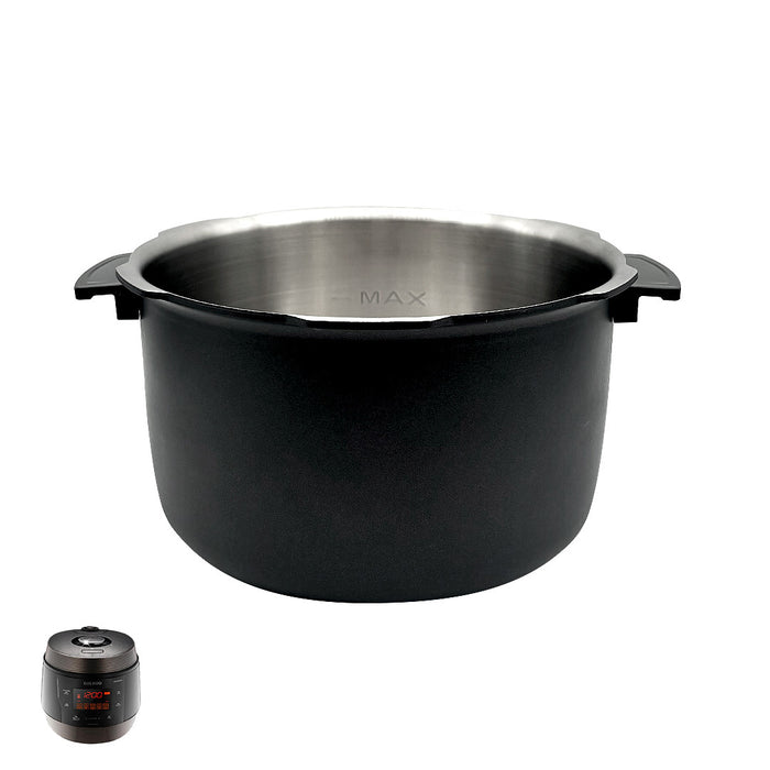 Replacement non-coated stainless steel inner pot for Cuckoo rice cookers, and shown with a compatible unit. (INNERPOT-CMC-QSN50)
