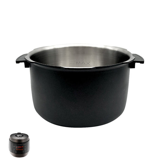 Replacement non-coated stainless steel inner pot for Cuckoo rice cookers, and shown with a compatible unit. (INNERPOT-CMC-QSN50)