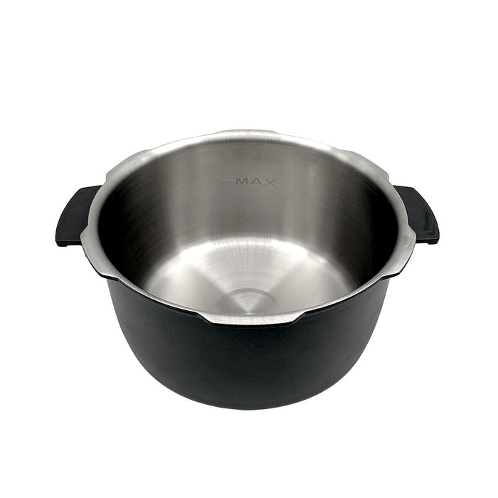 Replacement non-coated stainless steel inner pot for Cuckoo rice cookers, featuring side handles and a "MAX" fill line. (INNERPOT-CMC-QSN50)
