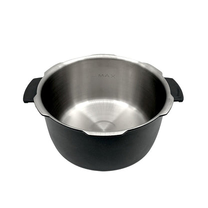 Replacement non-coated stainless steel inner pot for Cuckoo rice cookers, featuring side handles and a "MAX" fill line. (INNERPOT-CMC-QSN50)