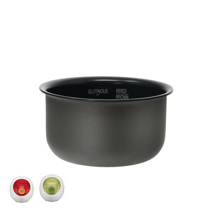 Cuckoo nonstick replacement inner pot, shown with two compatible red and green rice cookers. (INNERPOT-CR-0351F)