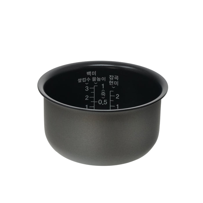Cuckoo nonstick replacement inner pot marked with GLUTINOUS, MIXED BROWN, and water level measurements. (INNERPOT-CR-0351F)