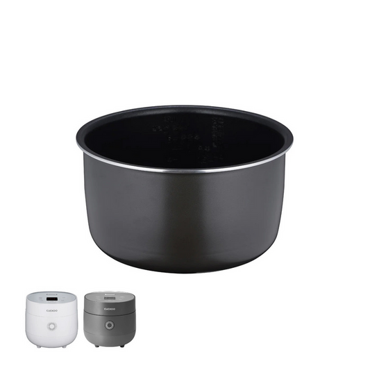 Replacement inner cooking pot for Cuckoo rice cookers, shown with compatible white and grey rice cooker models. (INNERPOT-CR-0375F)