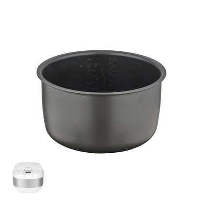 Replacement nonstick inner cooking pot with interior capacity markings for Cuckoo rice cookers, shown with a compatible unit. (INNERPOT-CR-0605F)