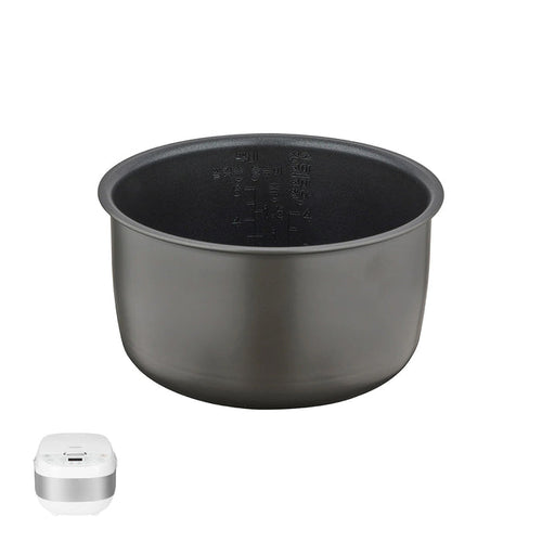 Replacement nonstick inner cooking pot with interior capacity markings for Cuckoo rice cookers, shown with a compatible unit. (INNERPOT-CR-0605F)