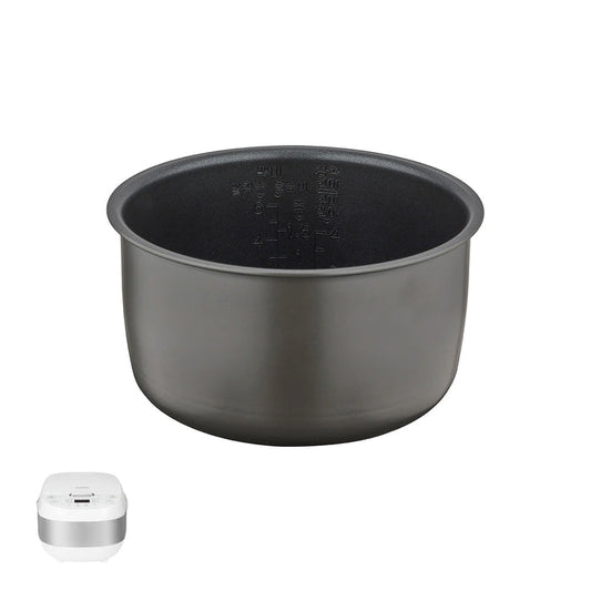 Replacement nonstick inner cooking pot with interior capacity markings for Cuckoo rice cookers, shown with a compatible unit. (INNERPOT-CR-0605F)