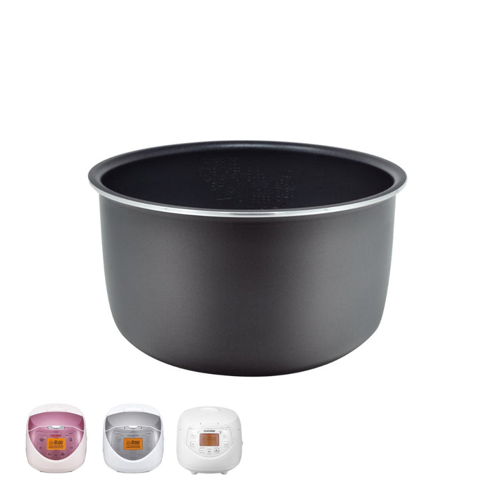Cuckoo black nonstick replacement inner pot for rice cookers, shown with three compatible appliance models. (INNERPOT-CR-0632F)