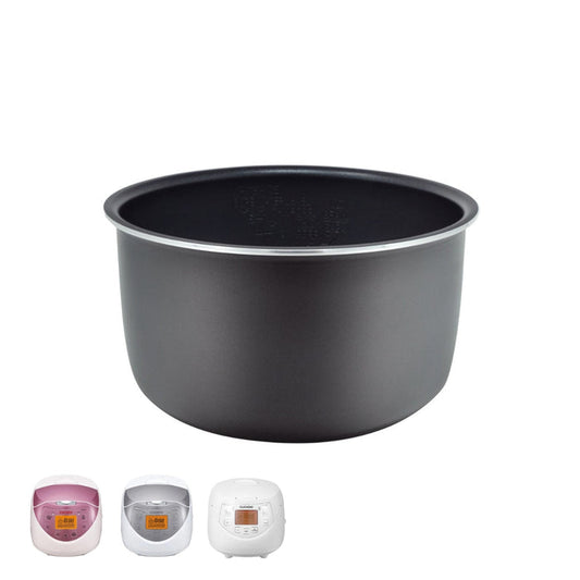 Cuckoo black nonstick replacement inner pot for rice cookers, shown with three compatible appliance models. (INNERPOT-CR-0632F)