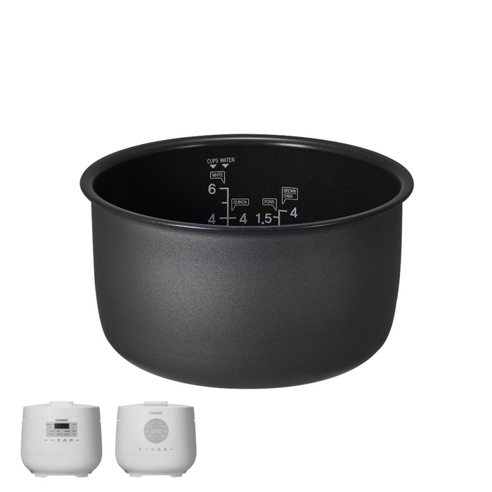 Replacement nonstick inner cooking pot for Cuckoo rice cookers, shown with compatible units. (INNERPOT-CR-0641F)