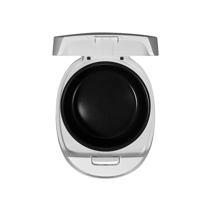 Top-down view of an open white Cuckoo rice cooker with its black nonstick inner cooking pot inserted. (INNERPOT-CR-0641F)