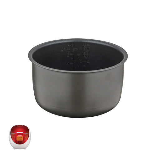Cuckoo nonstick replacement inner pot marked with capacity measurements, shown with a compatible cooker model. (INNERPOT-CR-0655F)