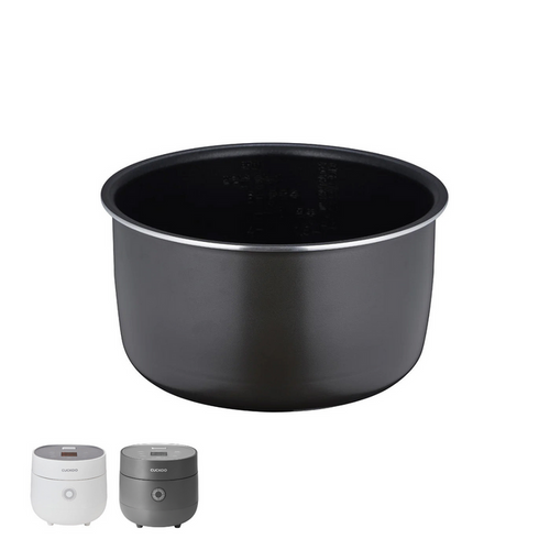 Cuckoo nonstick replacement inner pot shown with two compatible white and grey rice cooker models. (INNERPOT-CR-0675F)