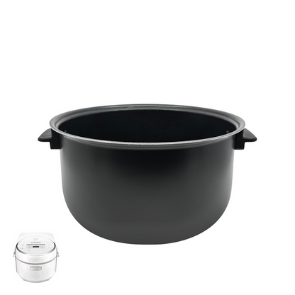 Black nonstick replacement inner pot with side handles for Cuckoo rice cookers, shown with a compatible unit. (INNERPOT-CR-0810F)