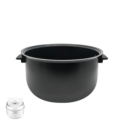 Black nonstick replacement inner pot with side handles for Cuckoo rice cookers, shown with a compatible unit. (INNERPOT-CR-0810F)