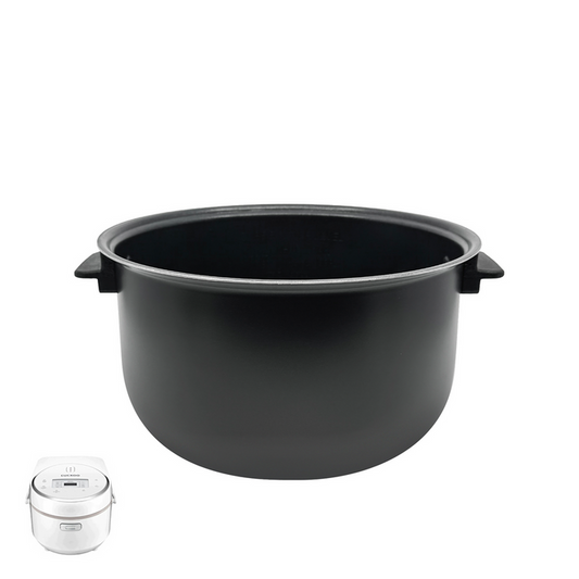 Black nonstick replacement inner pot with side handles for Cuckoo rice cookers, shown with a compatible unit. (INNERPOT-CR-0810F)
