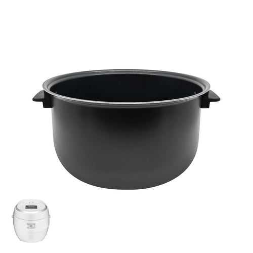 Cuckoo nonstick replacement inner pot with side handles, shown with a compatible white rice cooker model. (INNERPOT-CR-1020F)