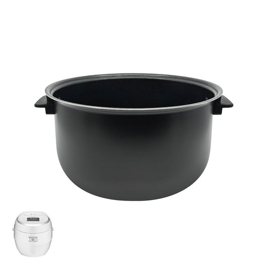 Cuckoo nonstick replacement inner pot with side handles, shown with a compatible white rice cooker model. (INNERPOT-CR-1020F)