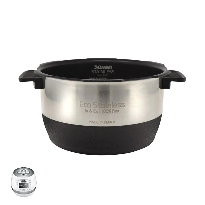 Cuckoo Eco Stainless X-Wall replacement inner pot, featuring a durable design and shown with a compatible rice cooker. (INNERPOT-CRP-BH06)